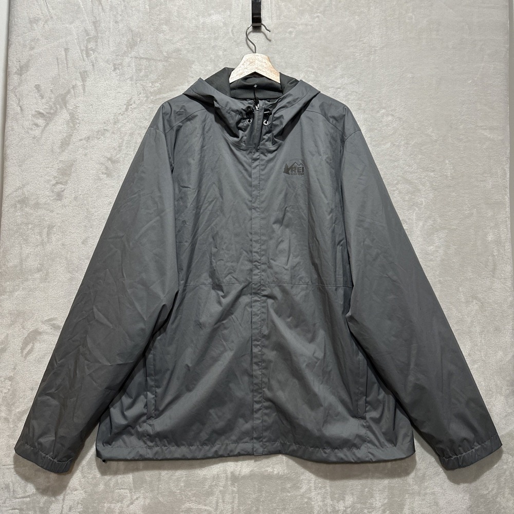 REI Co-op Trailmade Rain Jacket 2XL Gray Hooded Windbreaker Full Zip Pockets